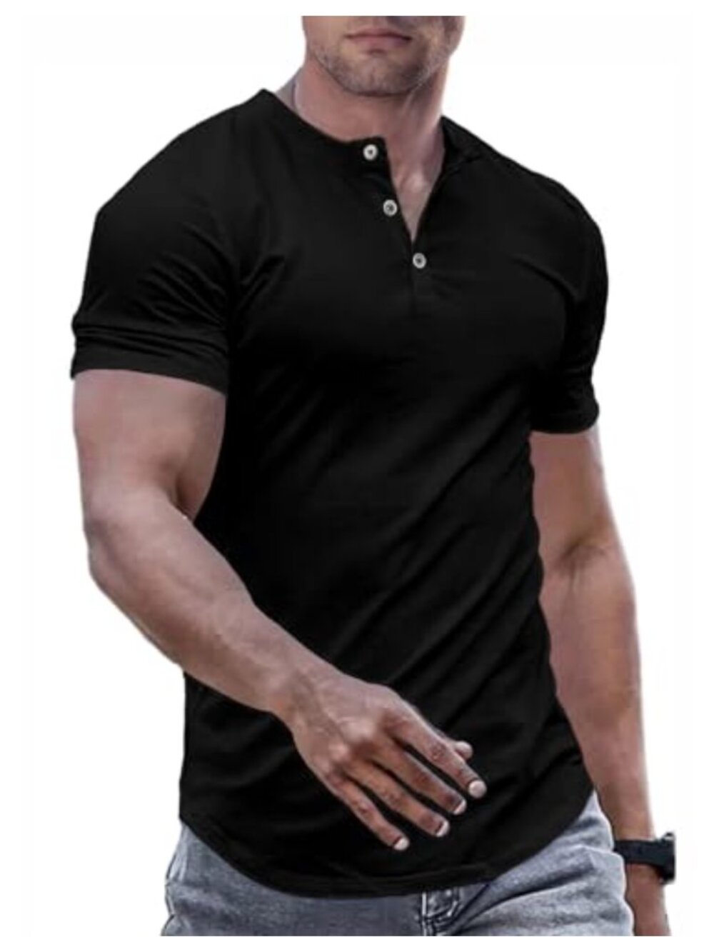Men Slim Fit Henley T-Shirt Short Sleeve Button Collar Casual Muscle Tee